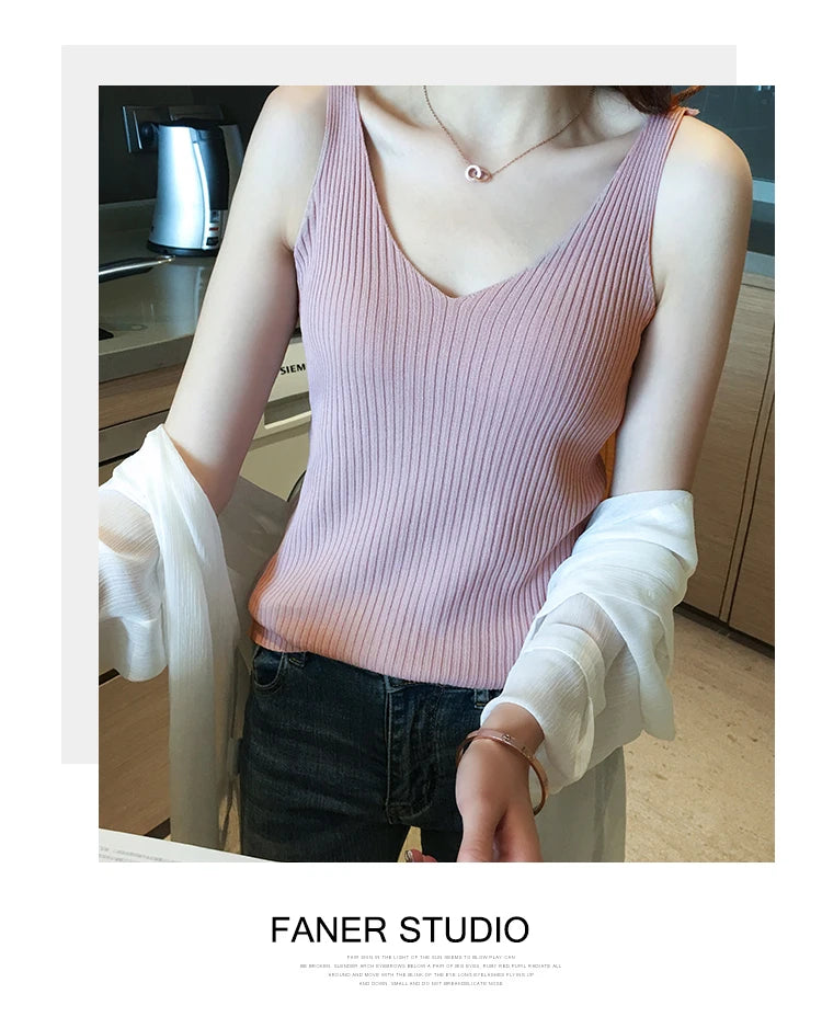 Summer Casual Tank Top Women Sleeveless Knitted T-Shirts Female Elastic Slim Vests Crop Tops Tanks & Camis Pullover Shirts