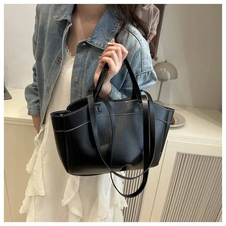 Women Tote Bag Underarm Bag Large Capacity PU Leather Shoulder Bags Vintage Solid Crossbody Bag Trendy Briefcase Bags with Purse