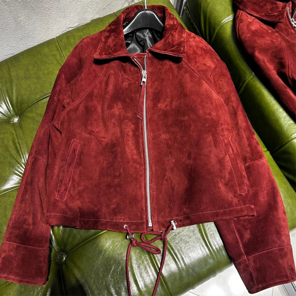 Women's Vintage Suede Jackets Real Sheep Suede Jacket Long Sleeves 2025 Autumn Outerwear