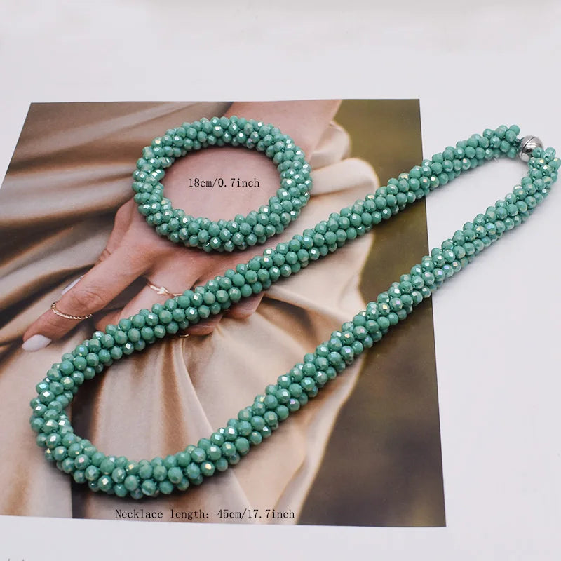 New Woven Bead Necklace Glass Beaded Bohemian Statement Necklace Bracelet Hair Accessory Set For Women Jewelry Gift