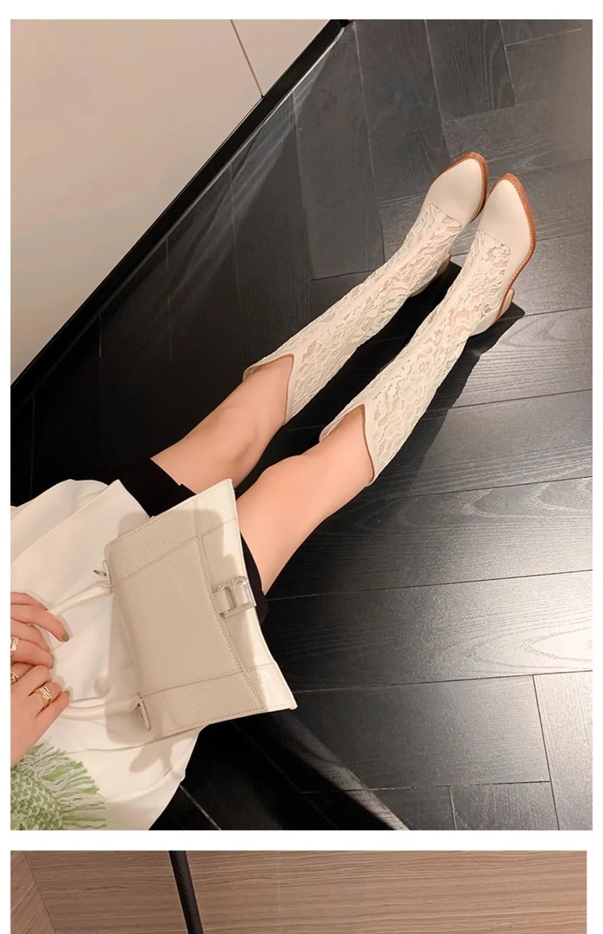 Woman Fashion Lace Flower Boots Thick Heel Pointed Toe Mid-calf Boots Female Footwear Summer Size 41 Breathable Botas De Mujer