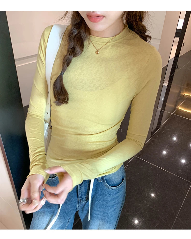 2026 Spring Autumn T shirt Women Tops Solid Slim Fit Long Sleeve O Neck Tshirts Female Casual Streetwear High Quality Base Tees