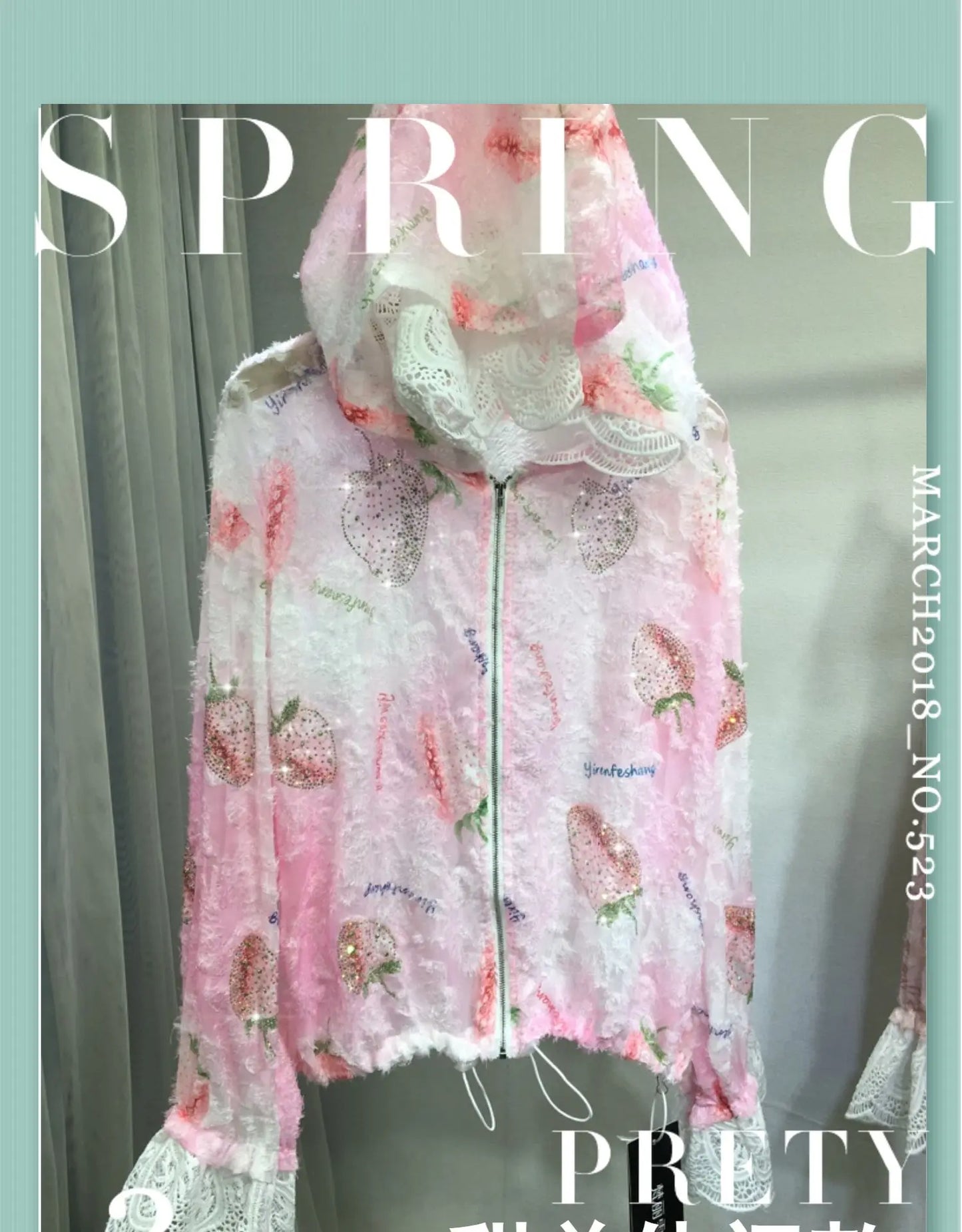 Women Hot Drilling Diamonds Beaded Sunscreen Hoodies Shirts Coat Strawberry Butterfly Lace Spliced Blouses Zipper Cardigan Tops