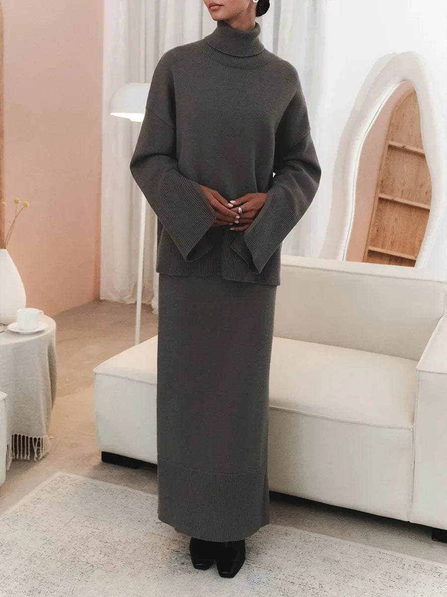 Wolfeel Winter New Thick Women's 2 Pieces Knitted Skirt Suits Soft Turtleneck Sweater Wide Skirt Knitted Outfit Stylish Warm