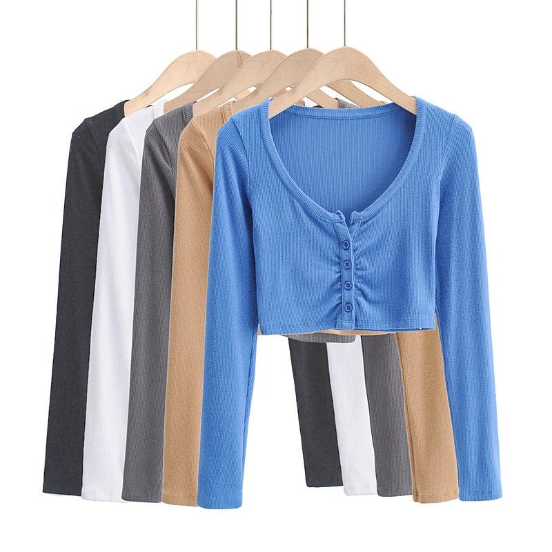 Summer Sexy Women Crop Tops Long Sleeve Tee Shirt Clubwear Buttons Solid T Shirt Women Black White Slim Tops