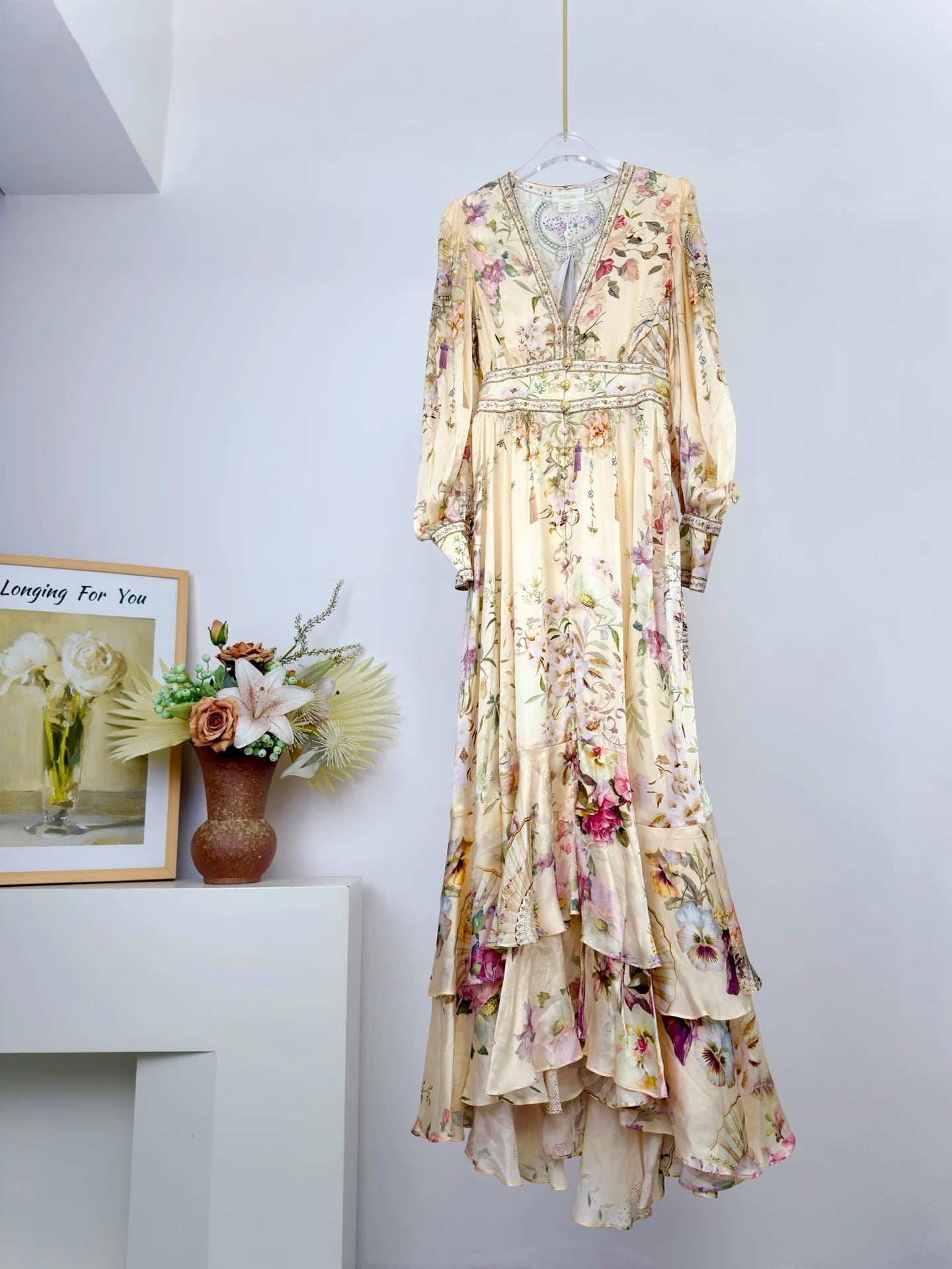 Women Silk Flower Printed Long Dress Heavy Beaded V-Neck Lantern Sleeve Loose Female dress