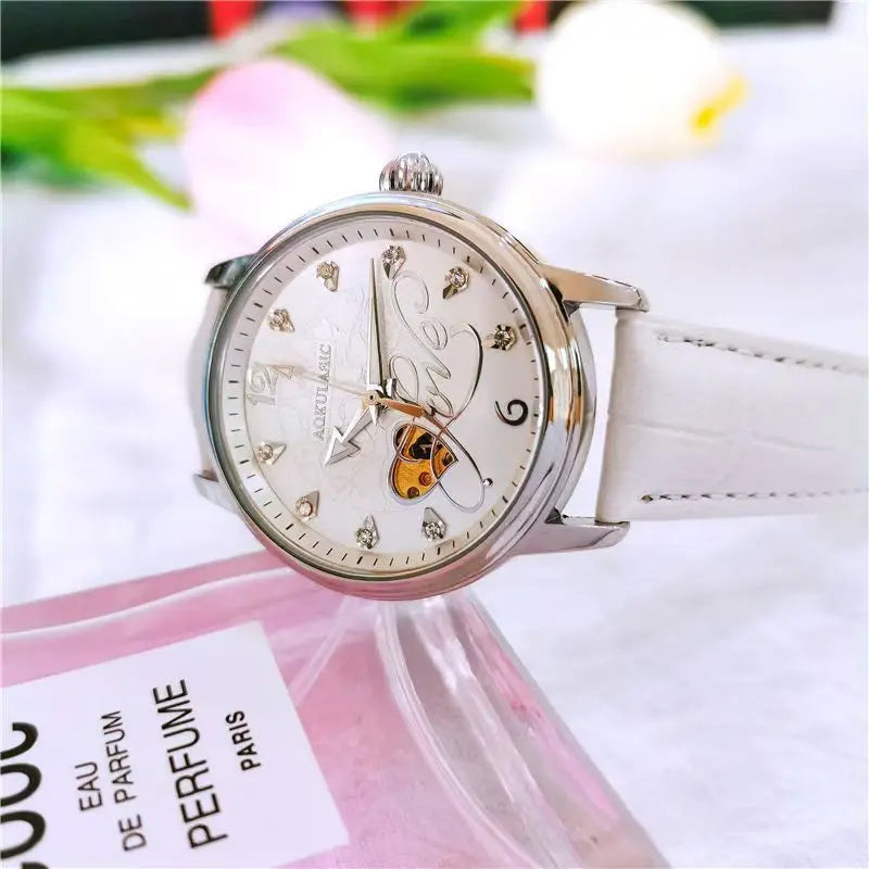 Authentic Fully Automatic Mechanical Watch for Women, Hollow-Out, Luminous, Waterproof, Elegant, High-End, New Korean Style, Simple Watch, the Best Gift for a Girlfriend, No Batteries Needed