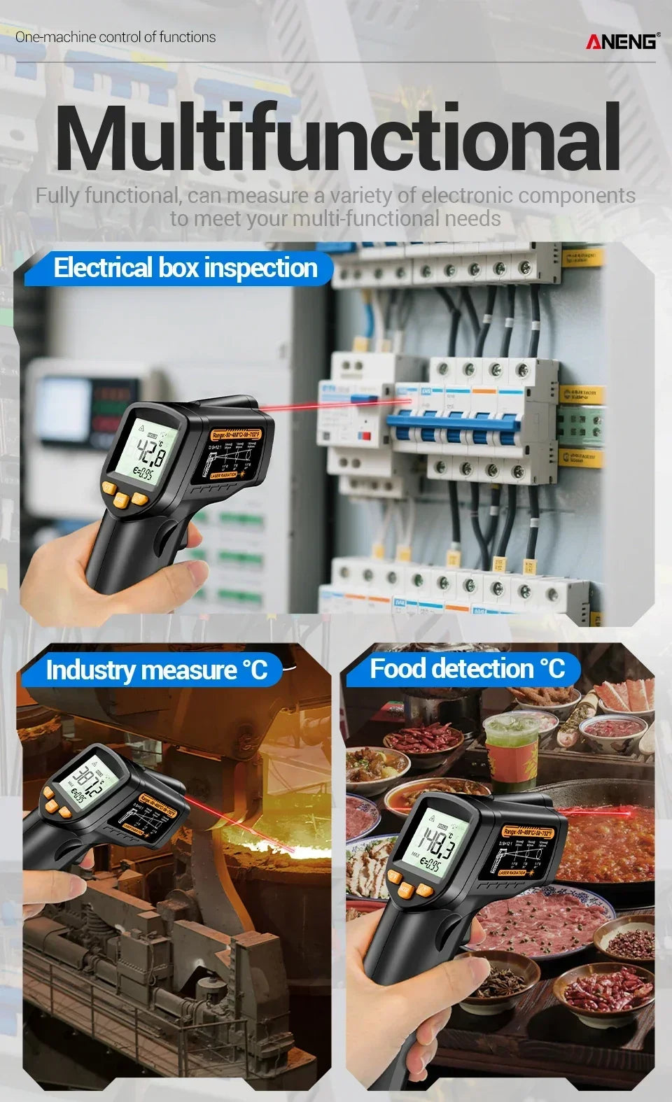 ANENG TH109 Red Laser Thermometer Object Distance Ratio12:1 Non-contact  Temperature Meter -50~400℃  Pyrometer Tester Hygrometer