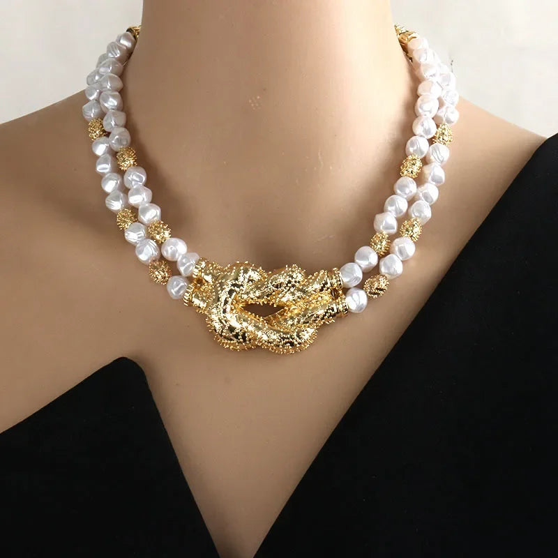 Light luxury high-grade multi-layer pearl necklace retro exaggerated niche alloy collarbone chain women's fashion jewelry