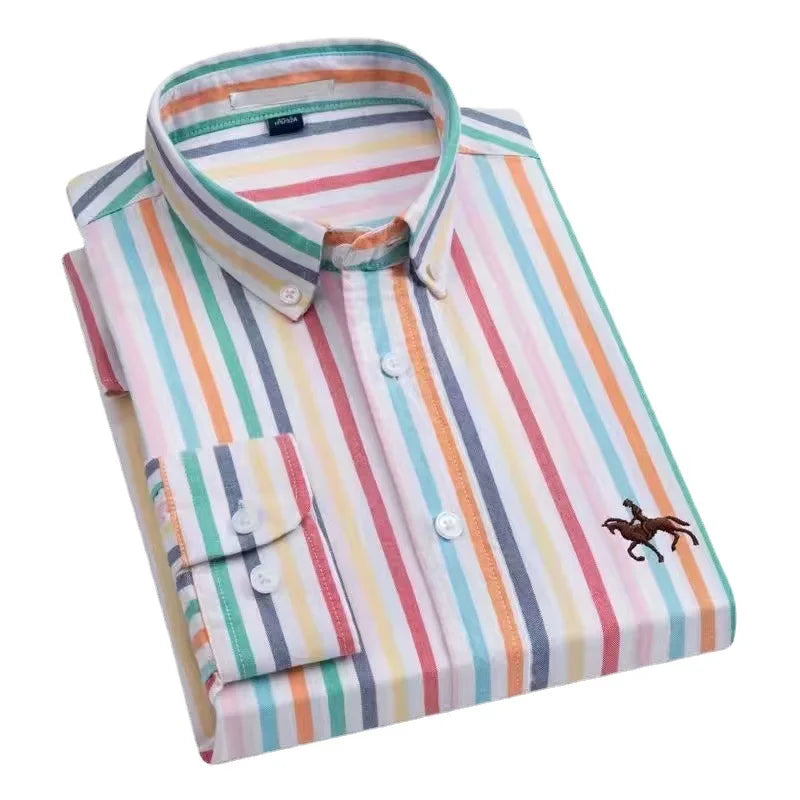 S-6XL Casual Pure Cotton Oxford Mens Shirts Long Sleeve Embroidery Horse Design Regular Fit Fashion Button Man White Dress Shirt