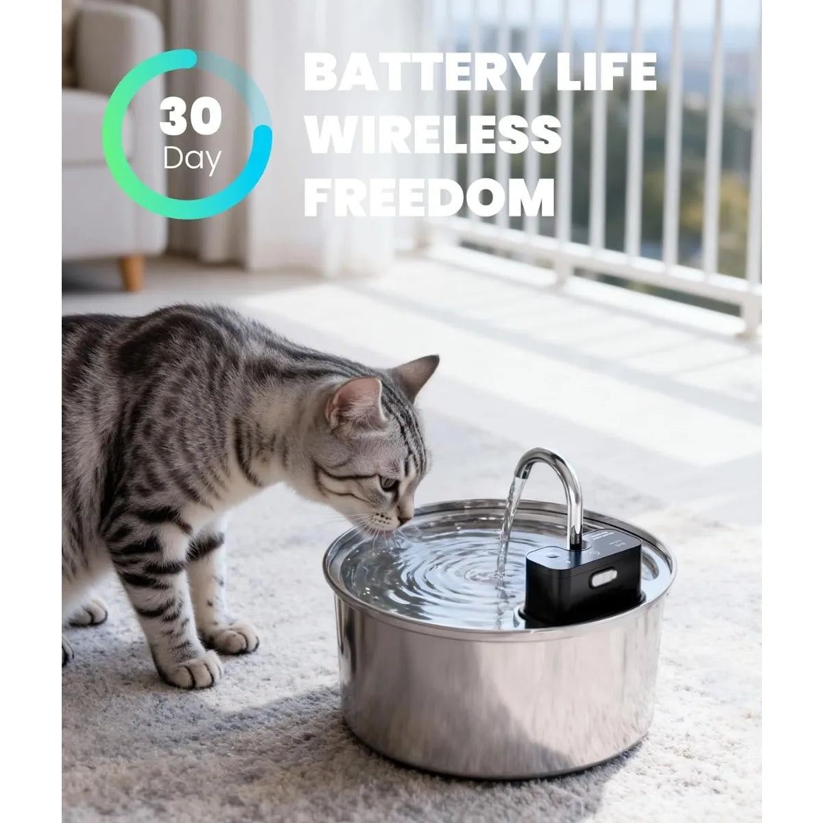 ATUBAN Wireless Cat Water Fountain-3.2L Automatic Cat Water Fountain Cordless,Stainless Steel Battery Operated for Multiple Pets