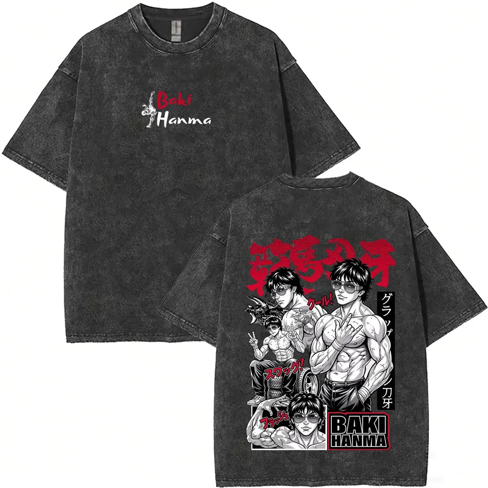 Washed Vintage Anime Baki Hanma Wake Up T-shirt Men Women Retro Manga Oversized T-shirts Men's Casual Cotton T Shirts Streetwear