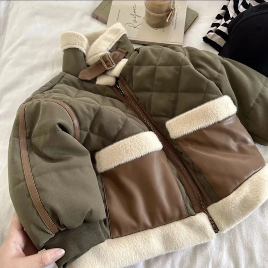 Winter New Children's Jacket Boys and Girls Baby Plush Thickened Cotton Coat Warm Jacket Motorcycle Coat  Autumn