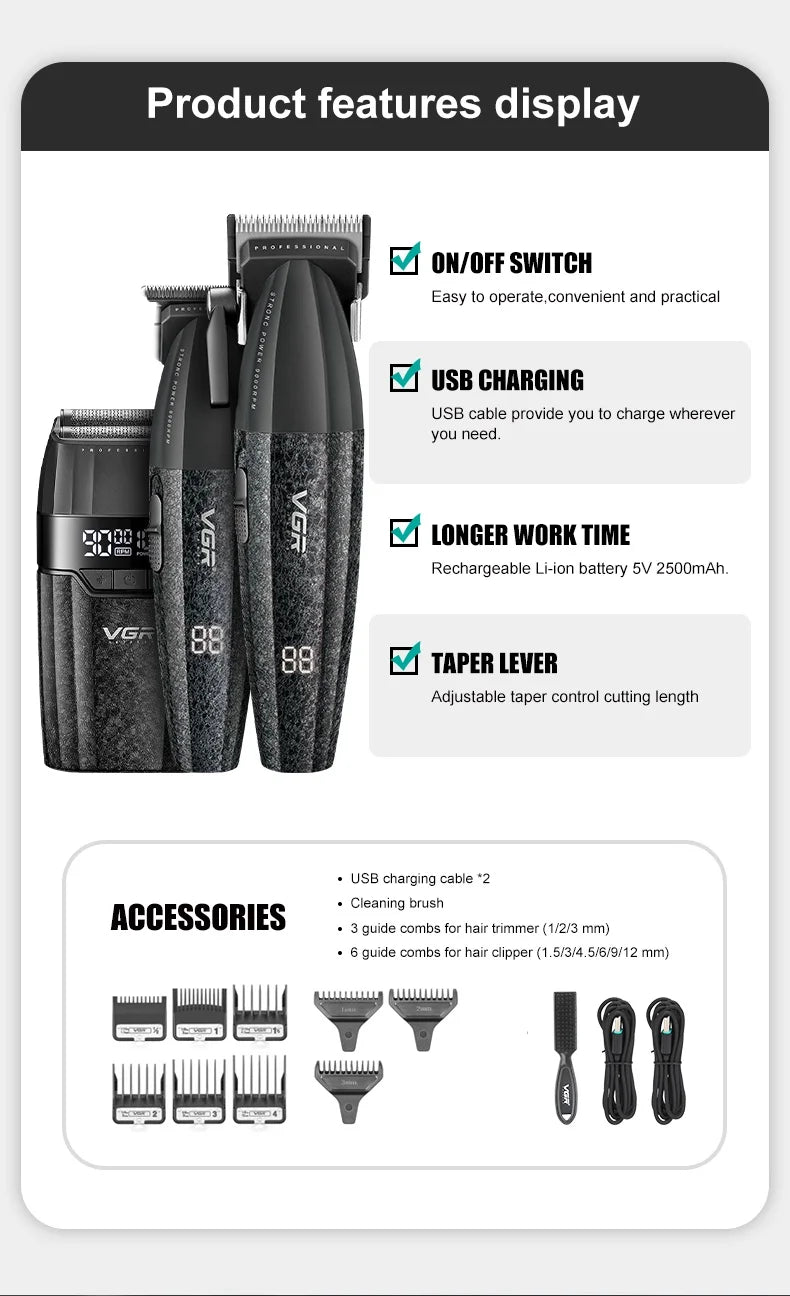 VGR Hair Trimmer Professional Clipper Cordless Barber 9000 RPM Rechargeable Hair Cutting Machine Metal Trimmer for Men V-640
