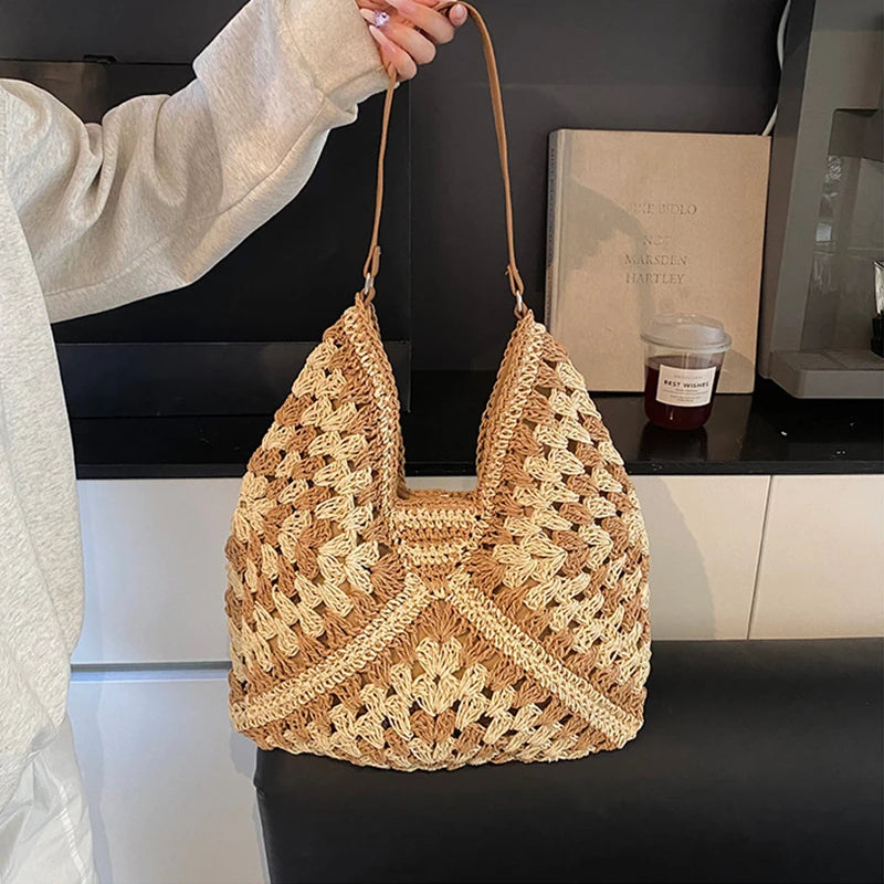 Women Weaving Clutches Top-handle Bag Large  Portable Shoulder Bag Summer Beach Purses Shopper Satchel Female Tote Bags