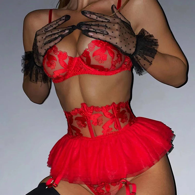 Lingerie Set Women Sexy Underwear Push Up Strappy Embroidered Mesh Sheer Lingerie Set See Through Panty Bra 3 Piece Langerie