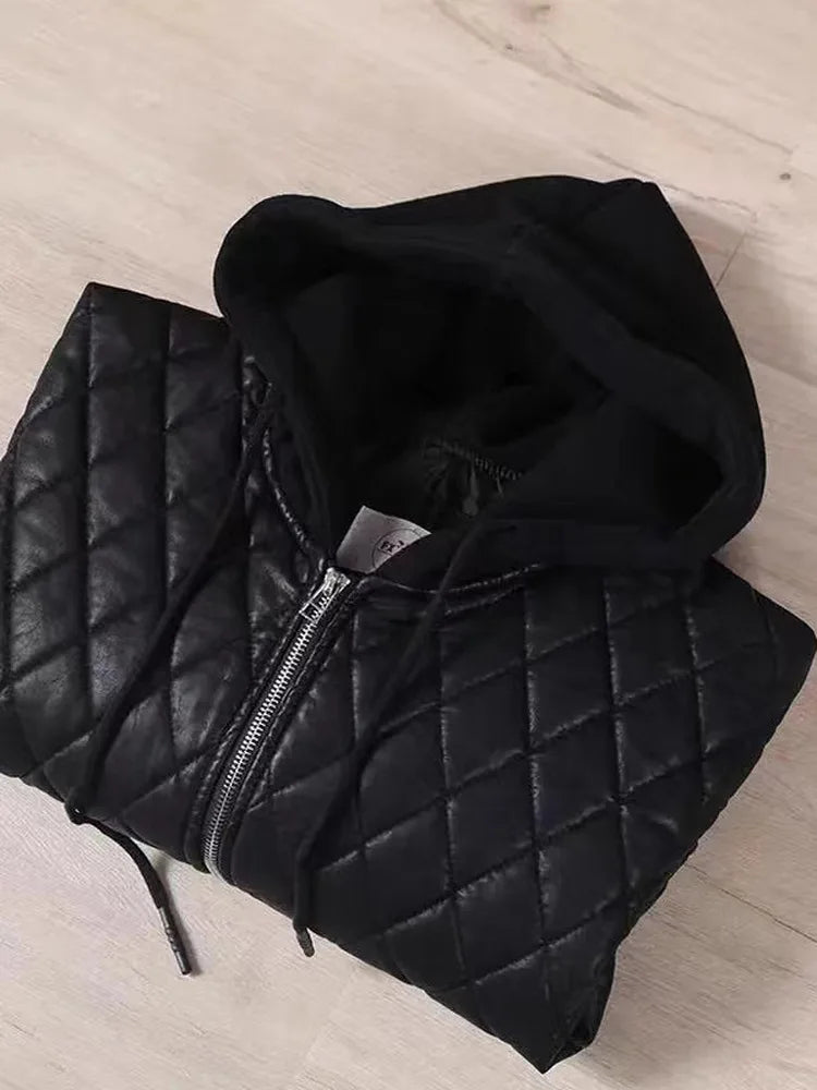 Faionable ort PU Leather Jaet Women's Thiened Cotton Inserted Outerwear Sli Commute Sle Long Sve Zipper Design