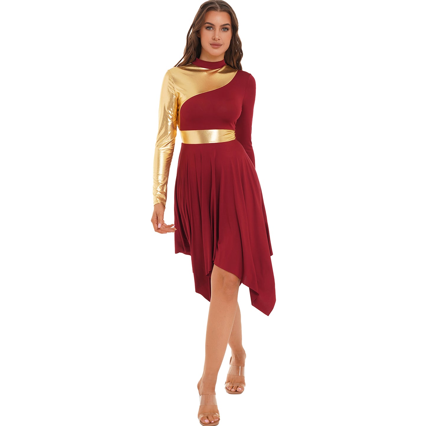 Women Modern Lyrical Dance Dress Waltz Ballroom Performance Costume Church Choir Worship Gown Long Sleeve Shiny Dancewear