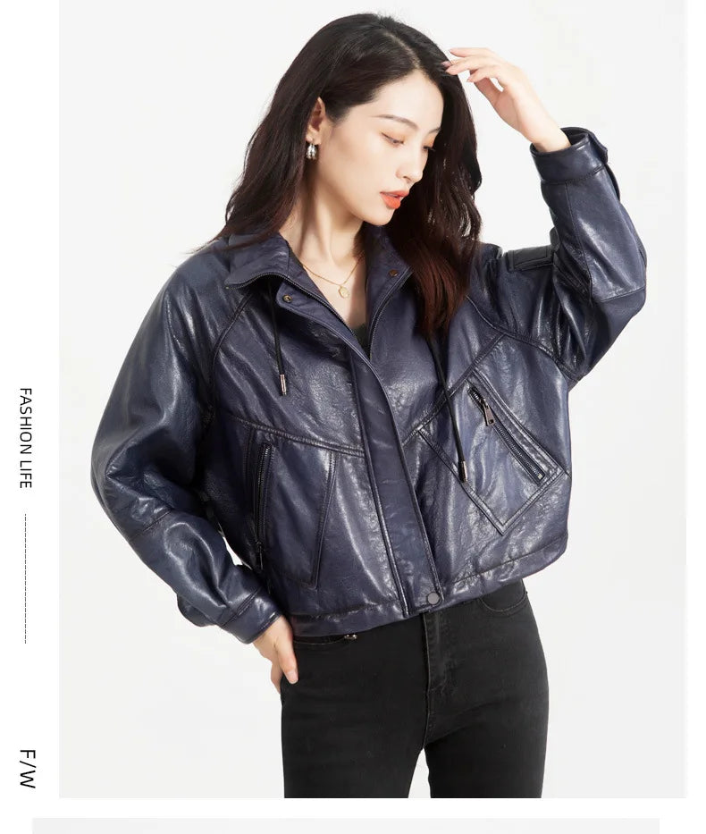 Oil Wax Sheepskin Coats for Women Winter 2024 Green/Blue/Red/Black Fahion Loose Slim Motorcycle Zipper Short Leather Jacket