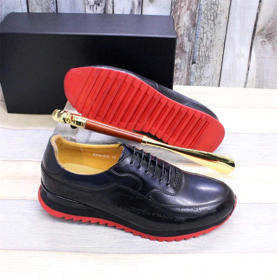 Genuine Leather Men's Sneakers Lace Up Handmade Heightening Men's Shoes Streamline Fashion Comfortable Casual Shoes Party Shoes