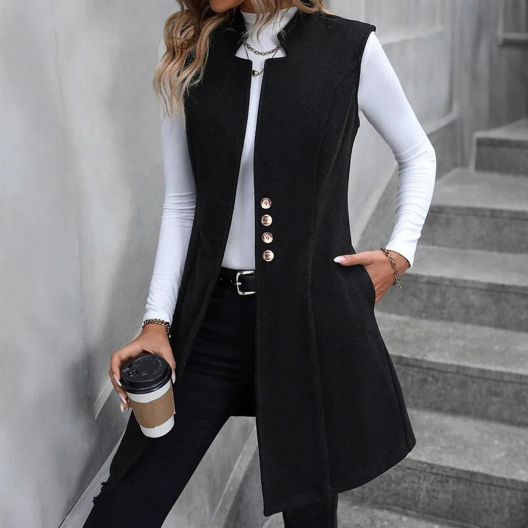 New Autumn/Winter Women's Woolen Suit Vest, Elegant Sleeveless Outerwear