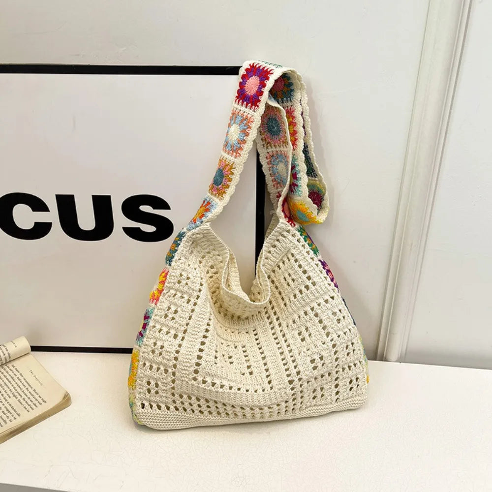 Fashion Large Capacity Women Shoulder Bag Floral Crochet Vintage Handbag Boho Hollow Out Knitted Crossbody Bags