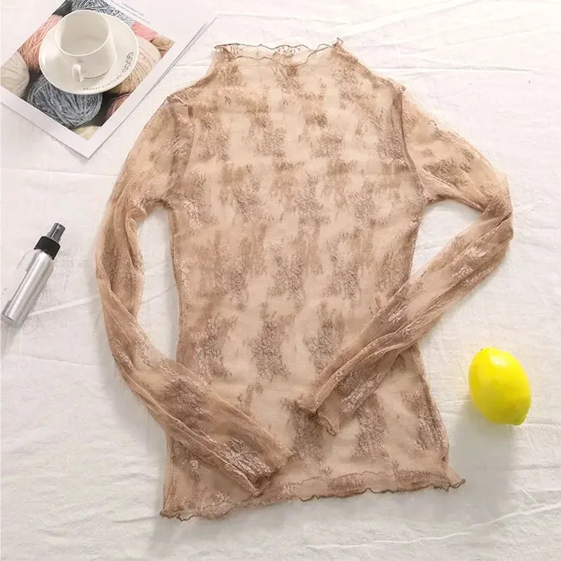 Summer Women Lace Floral Embroidery Blouses  Ladies Tops Sexy Mesh Blouses Transparent Elegant Long Sleeves See-through Shirt