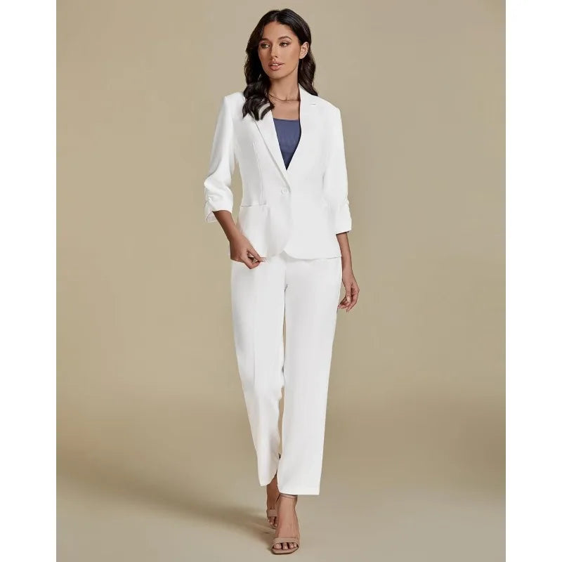 Pant Suits for Women Dressy 2 Piece Business Casual Outfits 3/4 Sleeve Blazer Straight Leg Pant Sets Office Work
