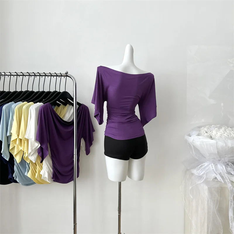 Women's Summer High Stretch Slash Neck Flare Sleeve Slim T Shirt Lady Sexy Pleated Slim Solid Color Pullover Tee Top