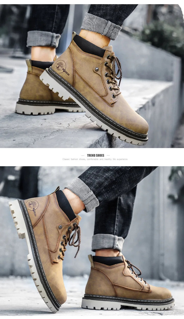 Men's High-Top British Style Motorcycle Boots Durable Cowboy Ankle Shoes Rugged Casual Non-Slip Leather Outdoor Work Footwear