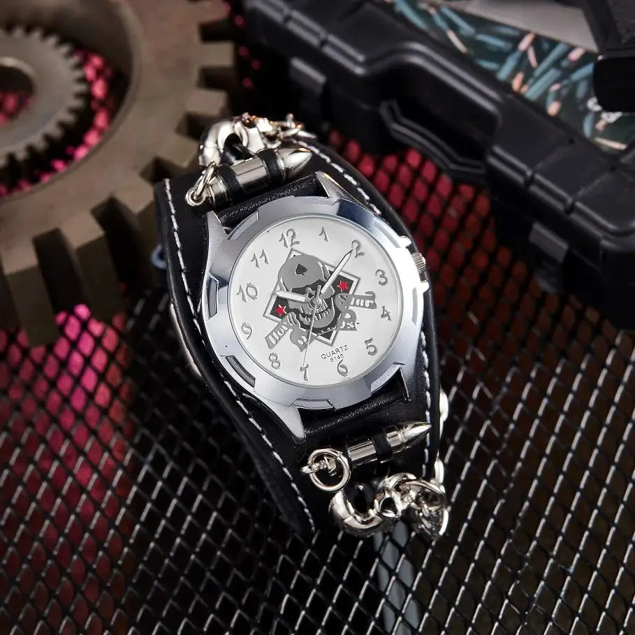 Anime Skull Round Pointer Quartz Watch - Grunge Punk Gothic Emo Halloween Cosplay Analog PU Leather Bracelet