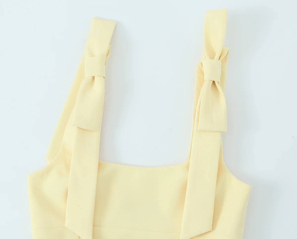 HH Summer Woman Elegant High Street Solid Side Zipper Slim Tops Women's Chic Sexy Sleeveless Bow Square Collar Sling Top