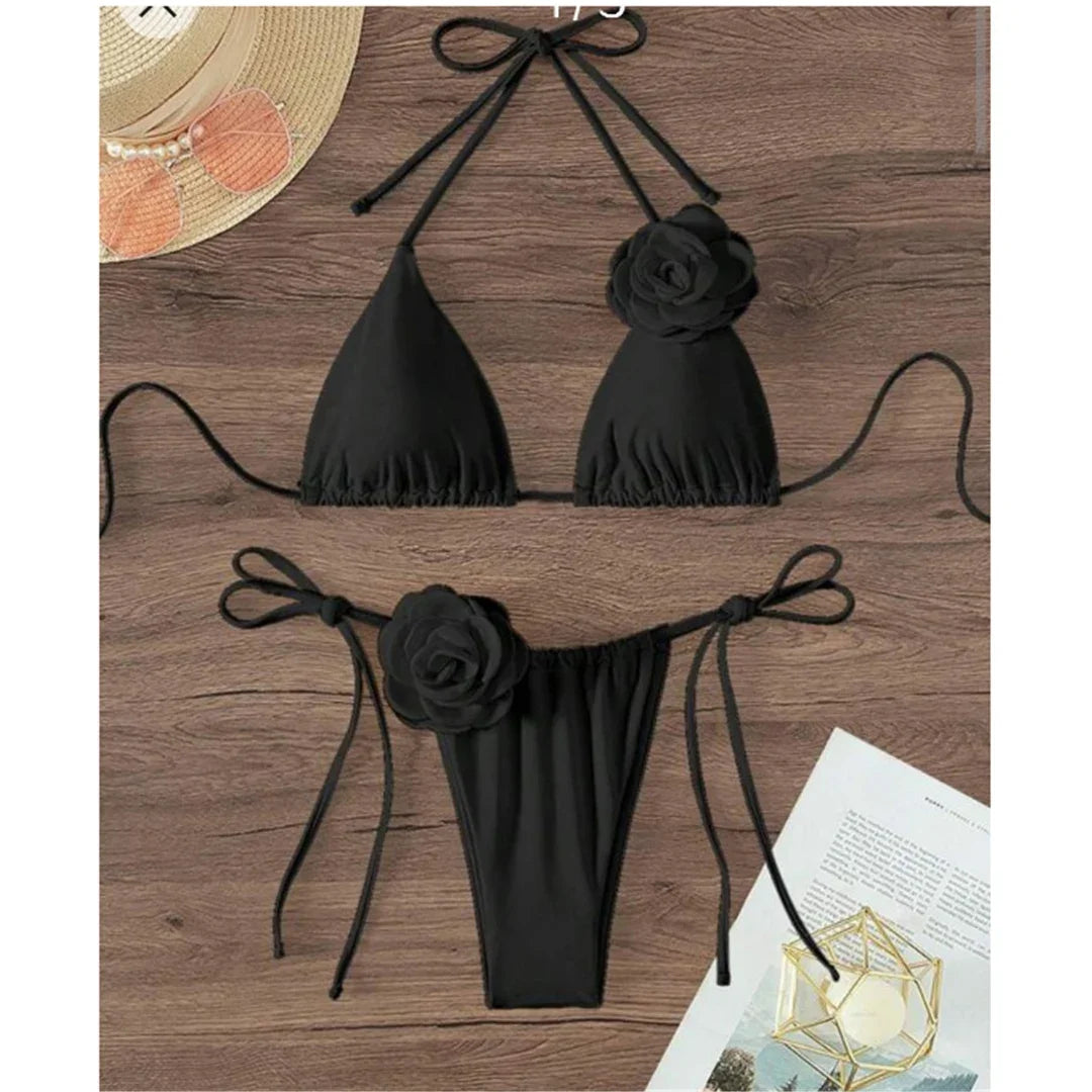 S - XL Sexy 3D Flowers Halter Strappy Bikini Women Swimwear Female Swimsuit Two-pieces Bikini set Bather Bathing Suit Swim