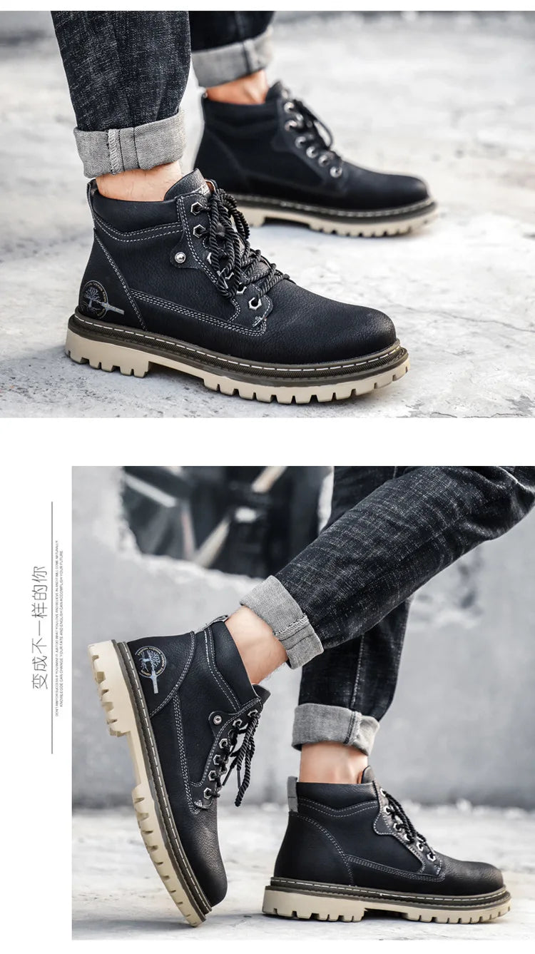 Men's High-Top British Style Motorcycle Boots Durable Cowboy Ankle Shoes Rugged Casual Non-Slip Leather Outdoor Work Footwear