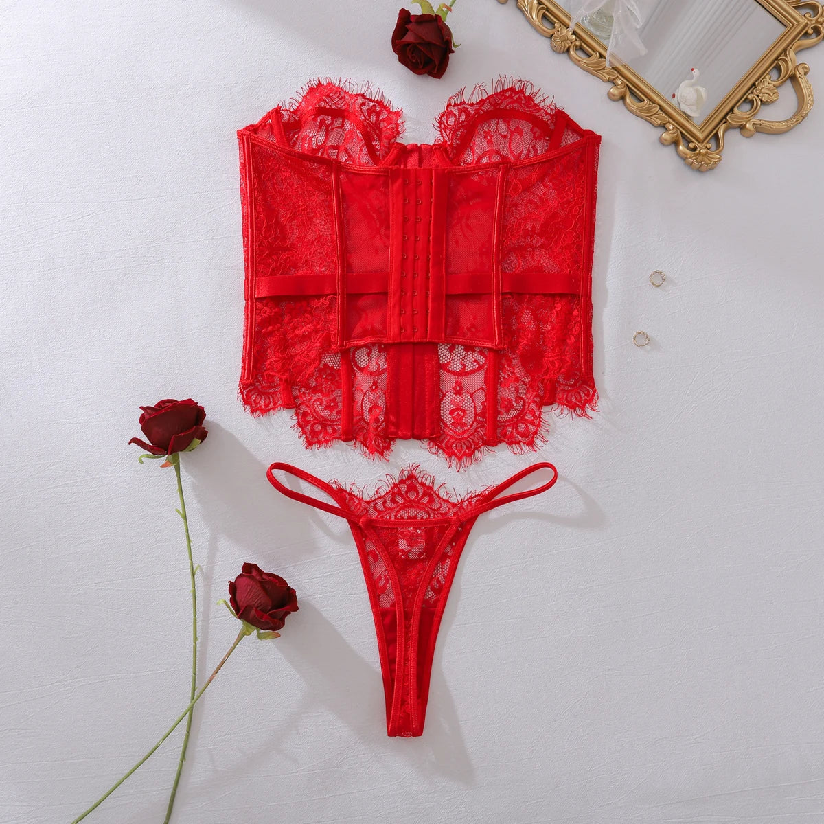 Ellolace Sexy Lingerie For Women Palace Sensual Corset Hilitos 2PC Set Sheer Strapless Lace Slim Clubwear Call Of The Night