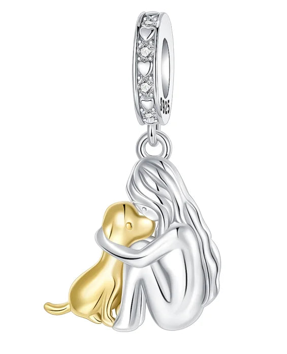 925 Sterling Silver Girl Holding Dog Charms Beads Fit Original 925 Bracelet Making Gift for Woman Jewelry Diy Fashion Pendant