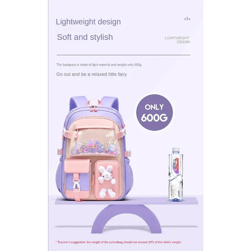 School Bag Oxford Cloth Polyester Waterproof Cute Cartoon Backpack Girls Spine Protection Rucksack Daily Campus Commuting Bag