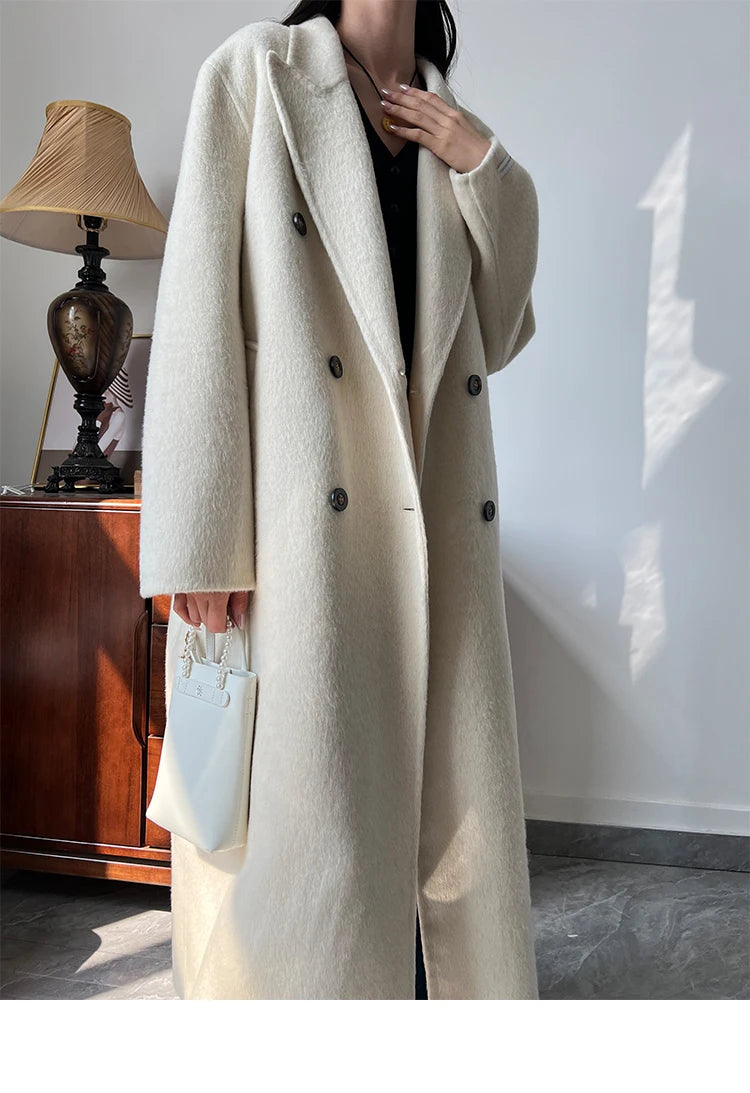 Office Lady Woolen Jackets 2024 Autumn And Winter Suit Collar Double Breasted Warmer Yak Hair Loose Long Women's Wool Coats