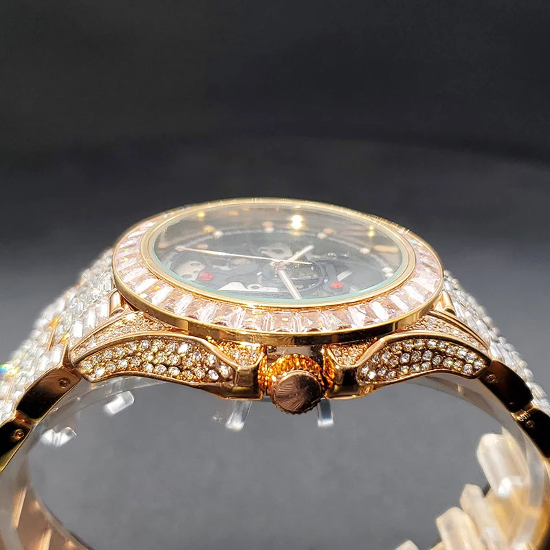 Automatic Watch For Men Diamond Luxury Hip Hop Street Style Luminous Men Mechaincal Watches With Baguette Zircon Bracelet Clock