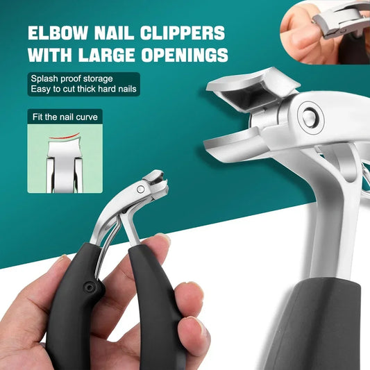 Nail Clippers Anti-Splash Recurved Curved Nail Cutters Thick Toenail Nippers Angled Head Large Opening Stainless Steel Nail Tool