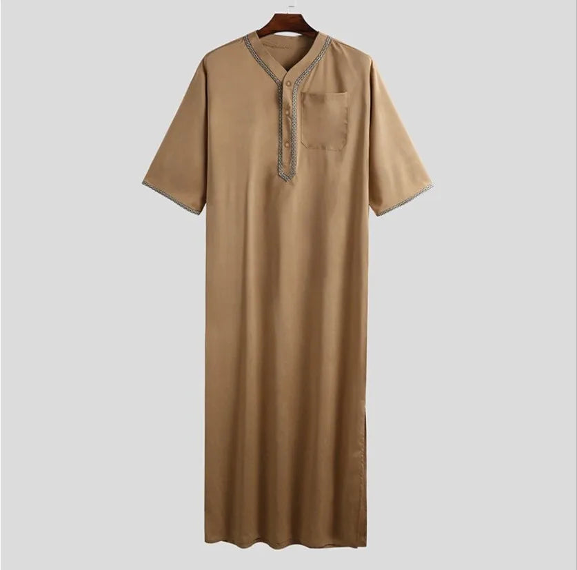 Islamic Muslim Men's Solid Color Short Sleeve Classic Embroidery Robe Dubai Arabic Ethnic Style Men's Casual Formal Robe