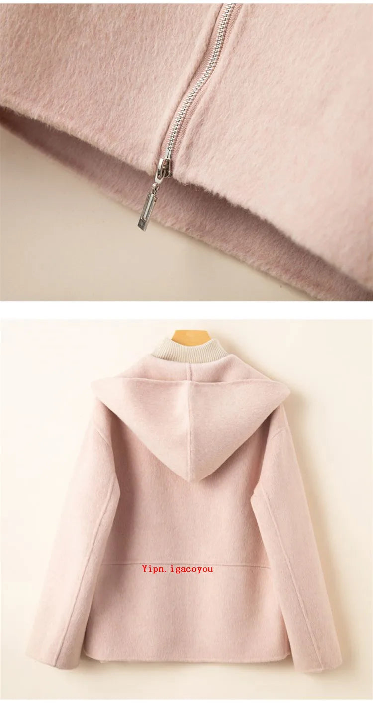 Elegant Woolen Coat Woman 2025 Winter New Fashion Pink Hooded Short Zipper Double-Sided Wool Jacket Ladies Slim Outerwear B810