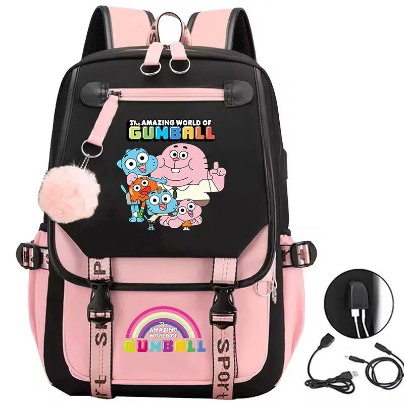 School Bags for Teenage Girls The Amazing World of Gumball Printed Students Bookbag Large Capacity Travel Bagpack with Usb Port