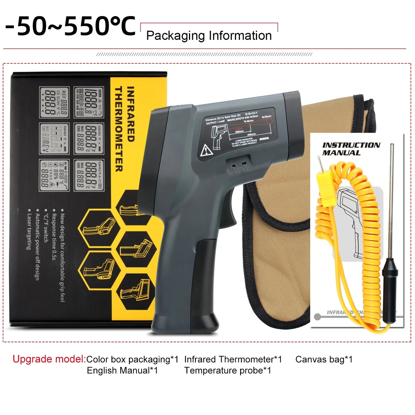 LCD Industrial Electronic Thermometer NonContact Digital Laser Temperature Meter Gun Laser Point Infrared Thermometer