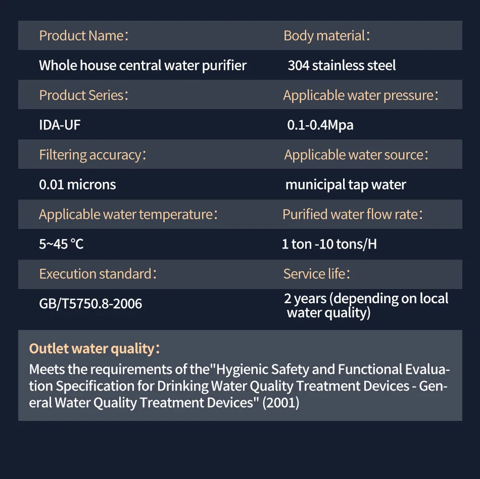 BROVA Whole House Water Filter System High Flow 0.01μm PVDF Membrane SUS304 Reusable  UF Purifier 2500L/H  Commercial/Home