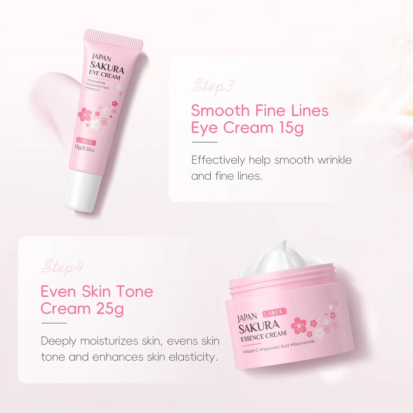 Japan Sakura Skincare Set 4pcs Hydrating Tightening Cleanser Serum Essence Cream Eye Treatment Soften Clean Skin Beauty