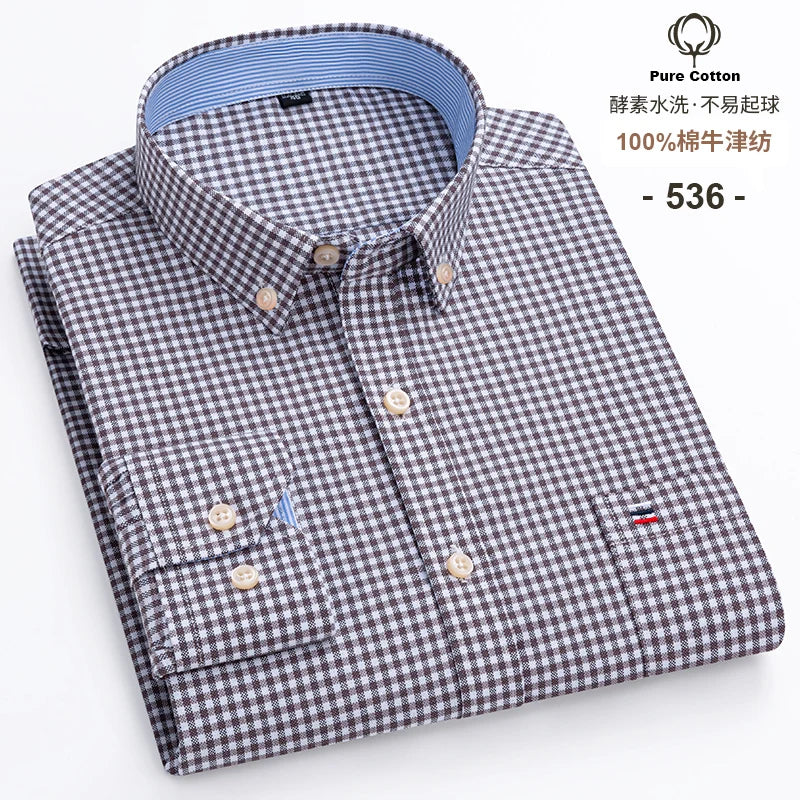 S-6XL Casual Pure Cotton Oxford Mens Shirts Long Sleeve Embroidery Horse Design Regular Fit Fashion Button Man White Dress Shirt