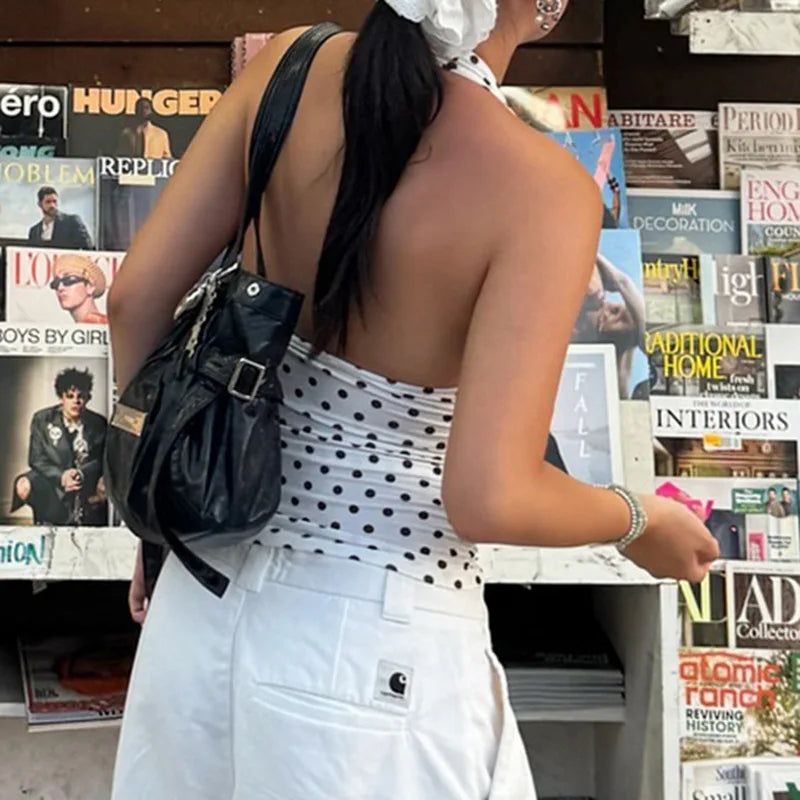 Women Halter Tank Tops Ruffles Hem Lady Sexy Backless Sleeveless Crop Top Summer Fashion Streetwear Female Dot Print Vests