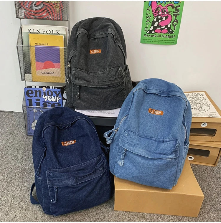 100% Cotton School Bags Solid Black Canvas Casual Backpacks Unisex Large Capacity Denim Satchels Soft Cloth Travel Packages