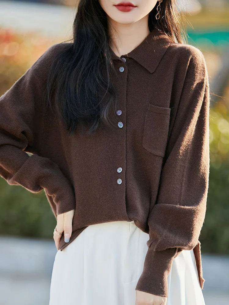 POLO Collar Wool Sweater 100 Pure Wool Spring And Autumn New Knitted Women Loose And Slimming Cardigan ZA682